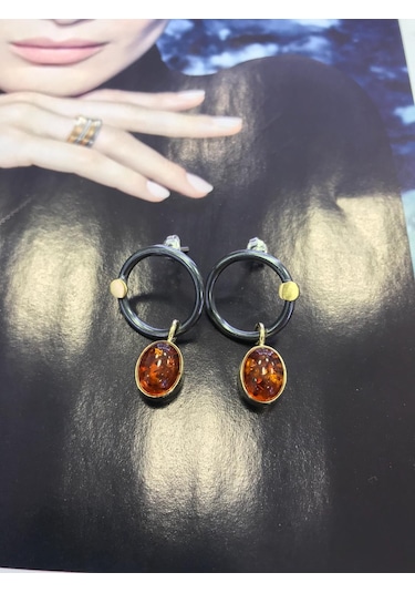 Gumusevi Kehribar Taşli 925 Ayar El Işi Gümüş Küpe