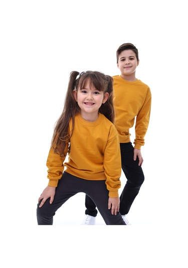 Basic Bisiklet Yaka Şardonlu Çocuk Sweatshirt 3-10 Yaş Krem Hardal