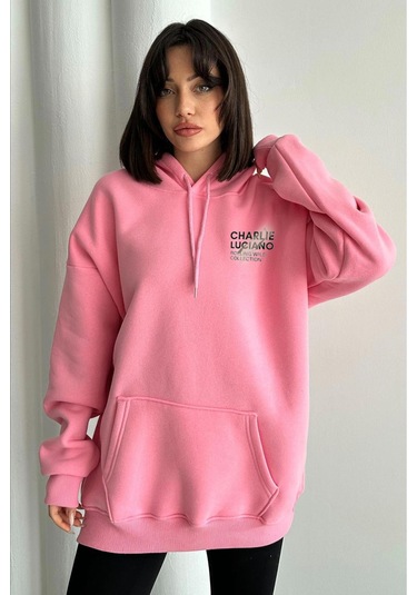 Kadın Pembe Charlie Luciano Baskılı Oversize Kapüşonlu Sweatshirt Pembe