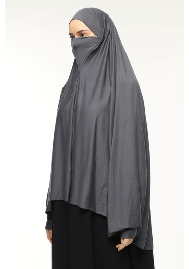 Kollu Sufle Çarşaf Üstü Peçeli Pratik Tesettür Hijab - Nikaplı Namaz Örtüsü Füme