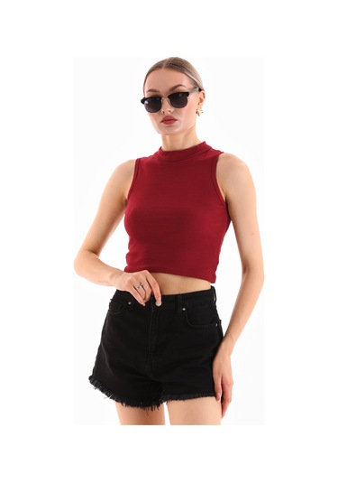 Kadın Likralı Kolsuz Crop Bluz Bordo