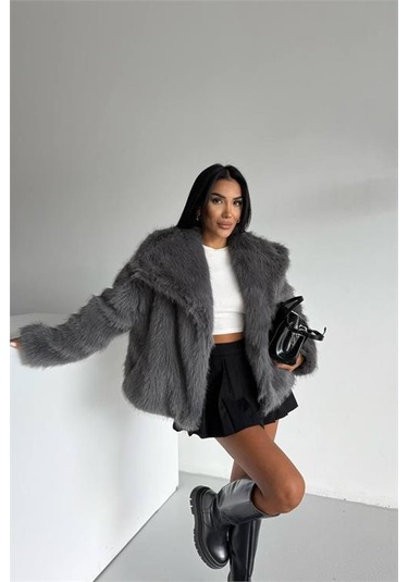 Neşeli Butik Kadın İçi Astarlı İthal Kürk Kaban Nbg111 Antrasit