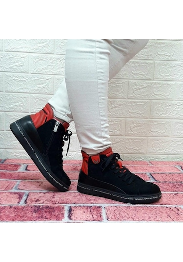 Voyager 8498 Siyah-Kırmızı Hakiki Deri Kaymaz Taban Fermuarlı Bağ