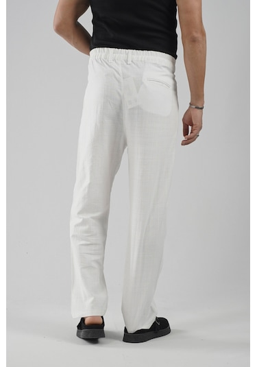 Baggy Fit Kalıp Pamuklu Keten Pantolon Beyaz