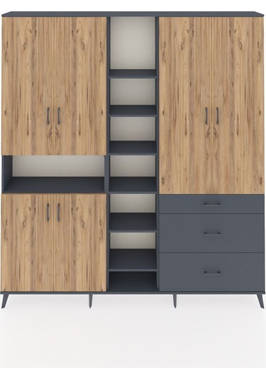 Arges Dolap 13 Raflı 3 Çekmeceli 6 Kapaklı 220x30x243 Antrasit-çam/antrasit Atlas Çam/antrasıt