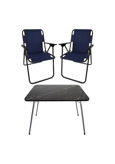 Bofigo 60X80 Granit Desenli Katlanır Masa + 2 Adet Katlanır Sandalye Kamp Seti Bahçe Takımı Lacivert
