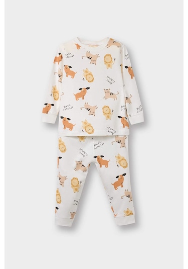 Defacto Erkek Bebek Pijama Takımı Hayvan Desenli Uzun Kollu Penye Üst Uzun Alt E9473a525aubg286 Bej