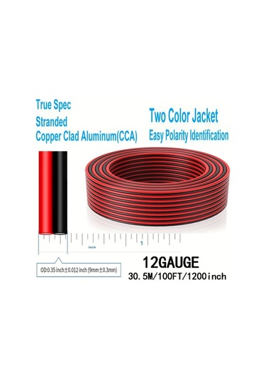 Globalbloom 12 Awg 602.36 İnç Kırmızı Siyah Bakır Kaplı Alüminyum Hoparlör Kablosu