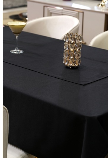 Dream 8 Parça Masa Örtüsü Seti Çeyiz Seti Salon Masa Örtüsü, Runner, 6'lı Peçete Siyah