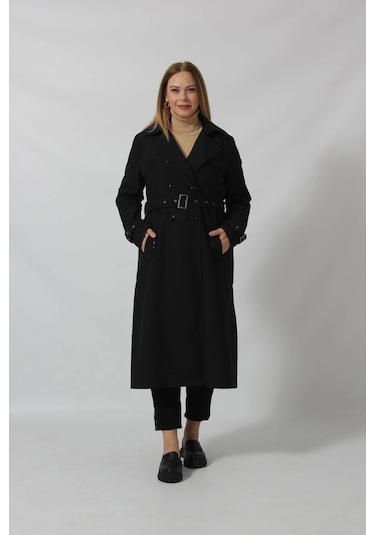 Dizaltı Düğmeli Kuşaklı Trençkot Siyah Siyah
