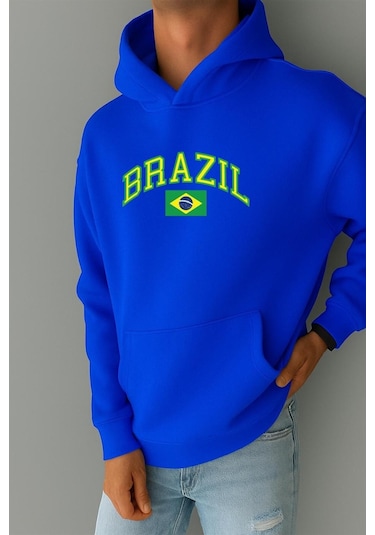 Benroma 3 İplik Penye Brazil Baskılı Sweatshırt Saks Mavisi