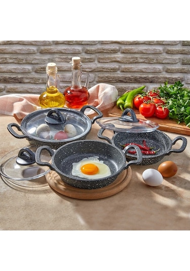 Eda Cookware Asya 3'lü Sahan Seti Cam Kapaklı Döküm Gri  Yuvarlak