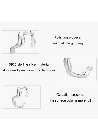 Sterling Silver S925 Simple Wavy Opening Adjustable Ring Çok Renkli