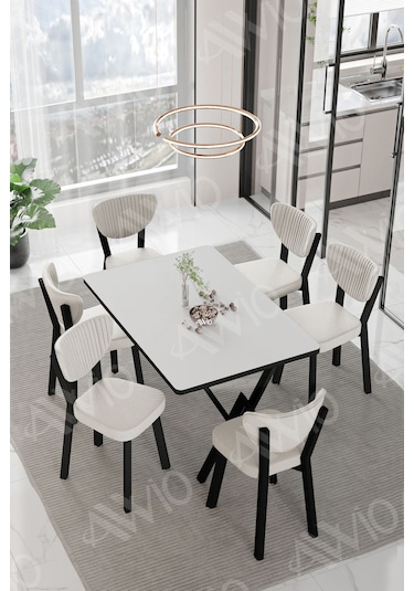 Avvio Dora Elma Sandalye 80x140 Yemek Masası Mutfak Masası 6 Kişilik Masa Sandalye Takım Beyaz