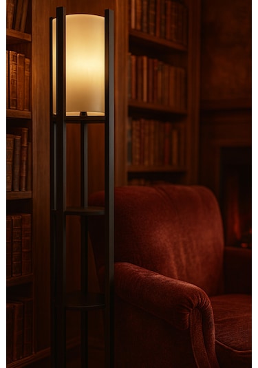 Modern Metal Gövdeli-raflı Dekoratif Ayaklı Lambader 22x22x145 Krem