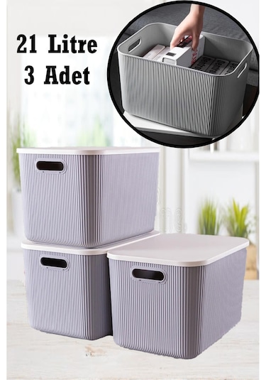 Bayev 3 Adet 21 Lt Çok Amaçlı Gri Saklama Kutusu Storage Düzenleyici Kapaklı Çamaşır Sepeti