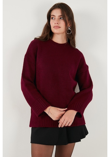 Lela Regular Fit Bisiklet Yaka Basic Triko Bayan Kazak 4616213 Bordo