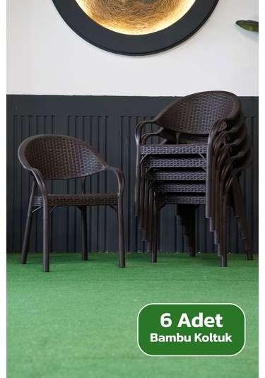 Alezy Bambu Rattan Kollu Koltuk 6 Adet Kahverengi