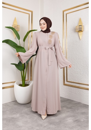 Nevayla Moda Sol Tarafı İnci Detaylı Ferace - Bej / F0140 Bej