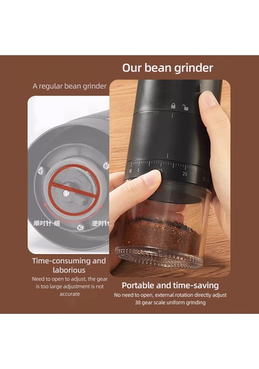 Mufunye Hb-995 Seramik Öğütücülü Taşınabilir Kahve Değirmeni, 38 Kademeli Ayarlı, Usb Şarjlı, 25g Kapasiteli, Siyah Siyah