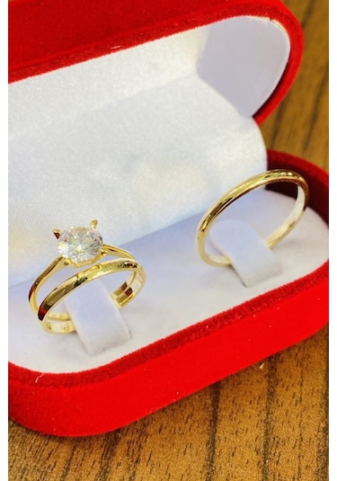 2Mm Bombeli Altın Kaplama Gümüş Alyans Çifti Tektaş Hediye Wr86