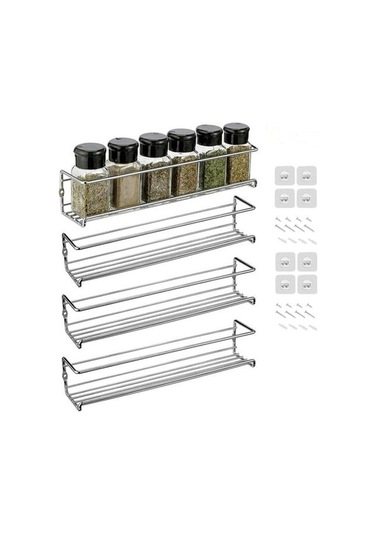 4 Paket Duvar Montaj Baharat Raf, Tek Katmanlı Asılı Raf Organizatörü, Kavanozları Saklamak İçin Baharat Rafları, Ekran Şişeleri Baharat Organizatörleri Duvara Monte Mutfak Rafları Gümüş 1