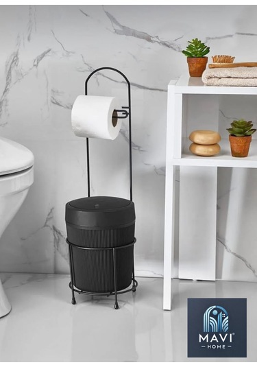 Kovalı Tuvalet Kağıtlığı, Çöp Kovalı Tuvalet Kağıdı Askısı, Banyo Çöp Kovası, Tuvalet Kağıtlık Siyah