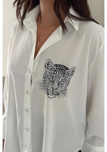 Aslan Desen Baskılı Taşlı Gömlek Gümüş Gümüş