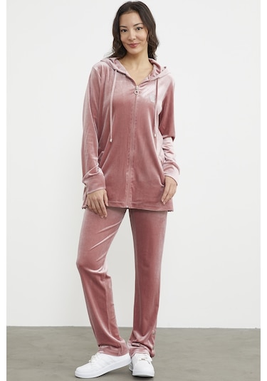 Tam Fermuarlı Tunik Boy Kadife Eşofman Takım - Pudra 001