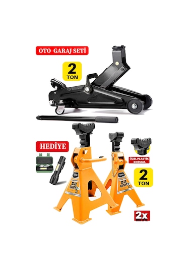 2ton X2 Adet Sehpa Tip Kriko Standı + 2ton Tekerlekli Kriko Garaj
