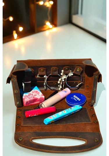 Deri Makyaj Ve Takı Çantası Koyu Kahverengi