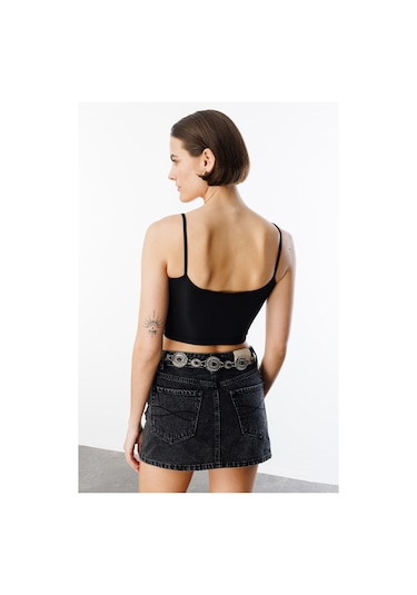 Genius Store Kadın Scuba Kumaş İp Askılı Crop Top Crop-atlet Siyah