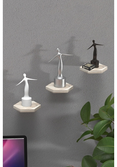 Duvar Rafı Dekoratif 3 Adet Çiçeklik Altıgen Efes