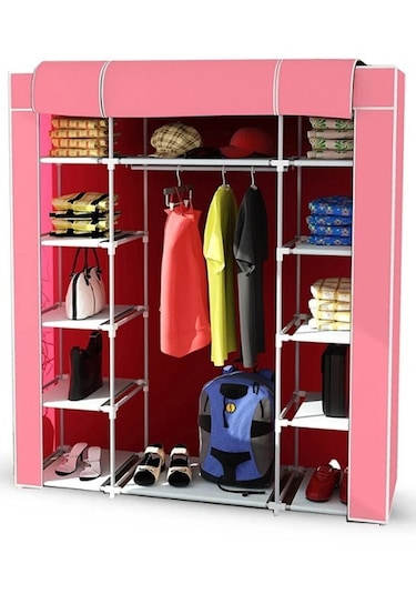 Dzgn Home Çift Yandan Raflı Plastik Bez Dolap Gardırop-pembe Pembe