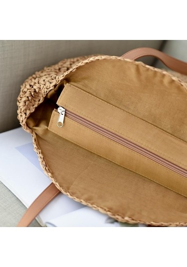 Novahub Bej Kadın Plaj Çantası, Hasır Omuz Çantası, 40x43cm, Tasarımcı Çiçek Desenli, Boş İç, Yogodlns, Omuz Çantası Bej