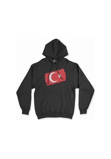 Cix Dikdörtgen Türk Bayraklı Siyah Kapşonlu Sweatshirt Hoodie SIYAH