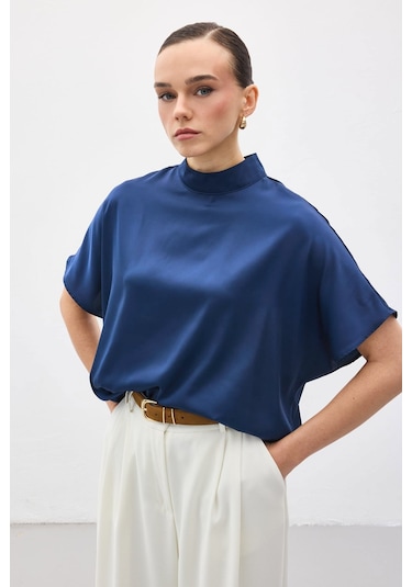 Sateen Yarasa Kol Salaş Bluz - İndigo-137383
