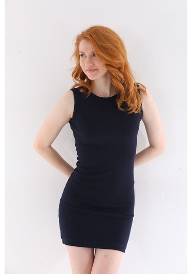 Kallima Lacivert Kolsuz Diz Üstü Mini Fitilli Esnek Kalem Elbise Lacivert