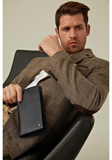 Tripp Erkek Siyah Deri Özel Tasarım Çok Bölmeli Rfid Korumalı Seyehat Cüzdanı Siyah