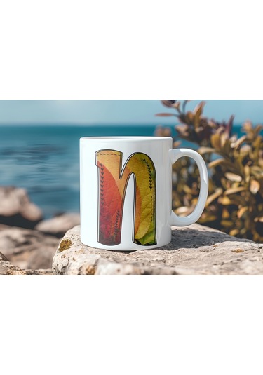 N Harf Yaprak Renkleri İle Kupa Bardak - Kişiye Özel Alfabe Harfli Bardak - Hediye Beyaz