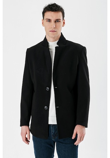 Siyah Kaşe Dik Yaka Astarlı Slim Fit Dar Kesim Casual Mont 1007235170-Siyah