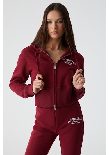 GRIMELANGE Iressıne Kadın Kapüşonlu Fermuarlı Uzun Kollu Regular Bordo Sweatshirt Bordo