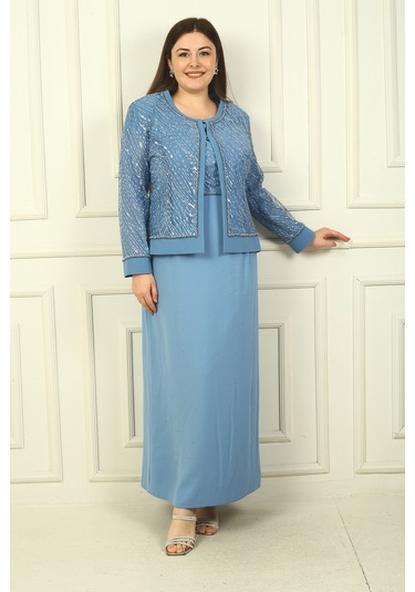 Kadın Boncuk Pul İşlemeli Tül Ceket Yarım Ay Kollu Uzun Elbise Astarlı Büyük Beden 2'li Takım İndigo Kadın Boncuk Pul İşlemeli Tül Ceket Yarım Ay Kollu Uzun Elbise Astarlı Büyük Beden 2'li Takım İndigo