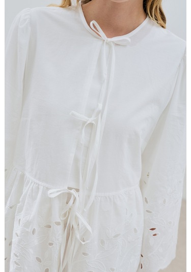 Bağlamalı Nakışlı Tunik Ekru Ekru