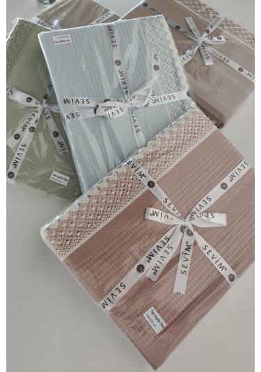 %100 Pamuk Çift Kişilik İki Renkli Kopanaki Dantelli Waffle Pike-210x230 Cm-bebe Mavisi Bebe Mavisi