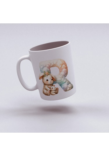 R Harfi Tasarım Bardak, Sevimli Hayvan Temalı Harf Bardağı Beyaz