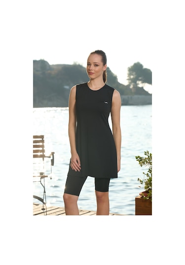 Büyük Beden Sıfır Kollu Taytlı Yarı Kapalı Mayo 22701 Siyah Siyah