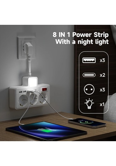 Honeybeeshop Siyah 8li Set Ab Güç Panosu 3 Renk Ayarlanabilir Gece Lambası 3 Ac Soket 3 Usb 2 Tip-c Duvar Şarj İstasyonu Ev Ofis Seyahat İçin