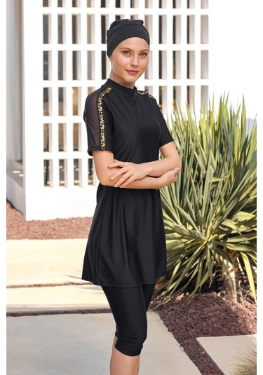 Uv Korumalı Yarı Kapalı Tesettür Mayo 1604 Siyah08 Siyah08