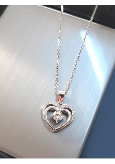 Brezza Lusso Jewelry Gümüş Çift Kalp Tektaş Kadın Gümüş Kolye 45 CM